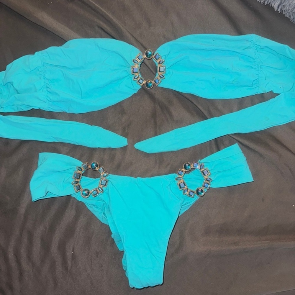 Beach Bunny aqua blue two piece swim suit in sz L, M with crystal buckles.